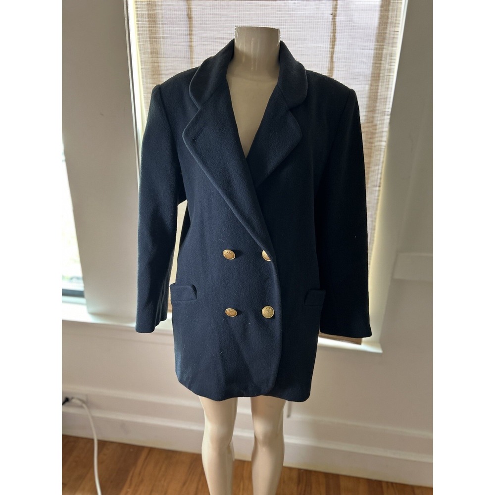 VTG Real Mackintosh Navy Blue Pure Wool Pea Coat Double Breast Sz 14P Gold Bttn